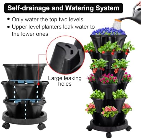 GameXcel Vertical Planter Tower - 6 Tier Stackable Garden Planters with Wheels and Garden Tool Set Plant Pots for Strawberry Herb Flower and Vegetable Indoor Outdoor Use Black - Image 3