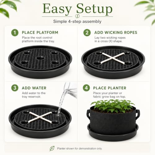 Self Watering Plant Saucers 4 Pack, 13.6 Inch Plastic Plant Saucers with Raised Grid Platforms and 8 Wicking Ropes, for Plant Pots, Fabric Grow Bags, Indoor and Patio Planters, Black - Image 6
