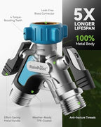 RAINPOINT Garden Hose Splitter 2 Way, All Metal Heavy Duty Water Hose Y Splitter With 2.05" Extra Long Side Handle & Shut Off Valves, 3/4 Inch GHT Thread Connector For Outdoor Spigot Faucet (Blue,2) - Image 3