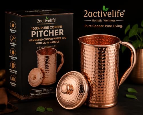 100% Pure Copper Pitcher 50.72 Oz / 1500 ml | Drinking Water Traditional Hammered Pitcher With Lid | Copper Jug Handle Water Bottle | Ayurveda Health Benefits | Serving Water in Daily Use - Image 2