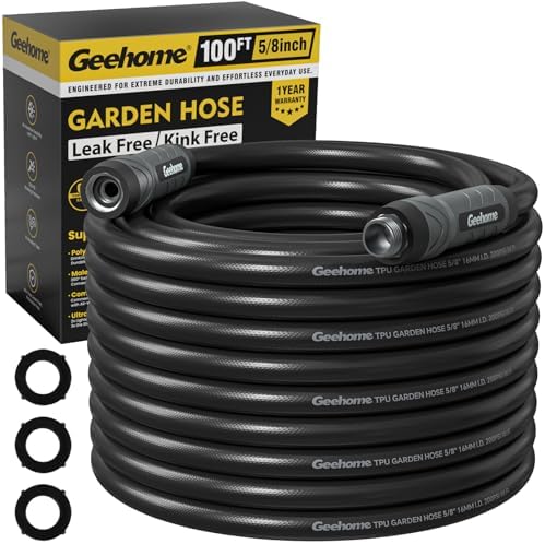Heavy Duty Garden Hose, 100 ft x 5/8" Long Polyurethane Water Hose with Swivel Fittings, Flexible, Lightweight, No-Kink, Leakproof, Burst 600 PSI, Black by Unknown