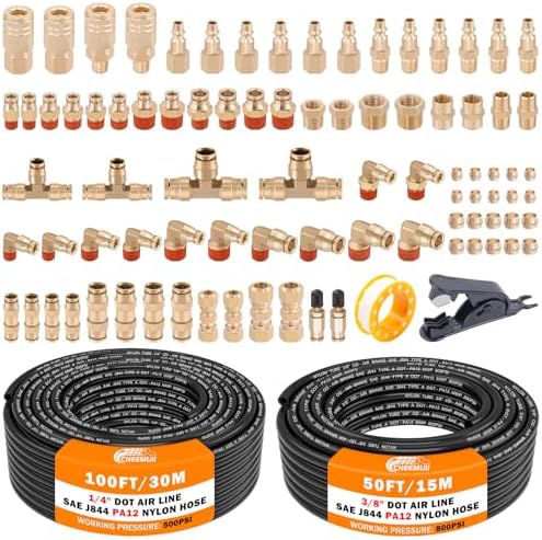CheeMuii 86 Pcs Brass DOT Air Line Fittings with 1/4" & 3/8" DOT Air Hoses by CheeMuii