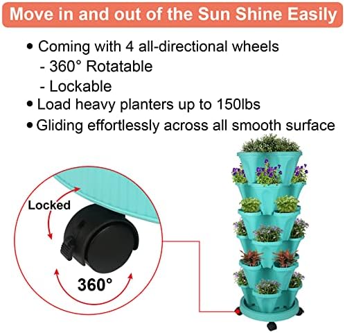 GameXcel Vertical Planter Tower - 6 Tier Stackable Garden Planters with Wheels and Tools Plant Pots for Strawberry Herb Flower and Vegetable Indoor Outdoor Use Teal 2 Pack - Image 7
