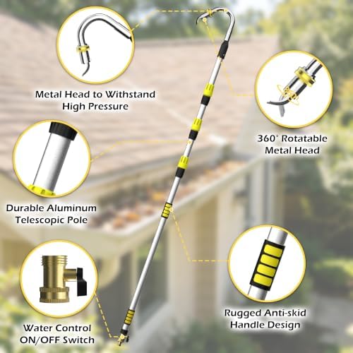 24FT Reach Telescopic Gutter Cleaning Tool, 8-15FT Gutter Cleaner from the ground with 360°Rotatable Duckbill Metal Head, Shut Off Valve, Leak-Proof Gutter Cleaning Wand for Garden Hose - Image 4
