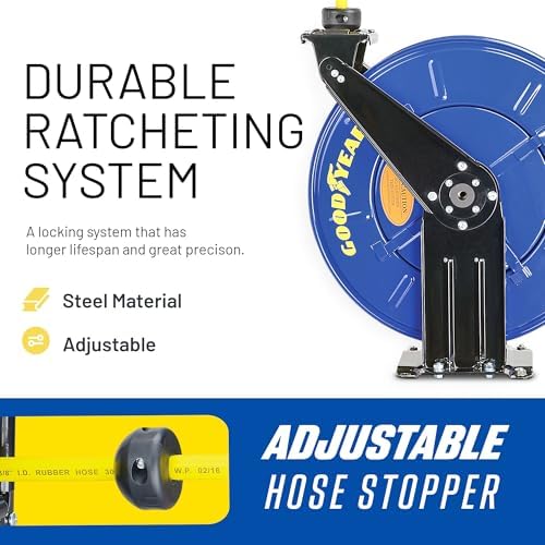 GOODYEAR Air Hose Reel Retractable 3/8" Inch x 50' Feet Long Premium Commercial SBR Hose Max 300 Psi Reinforced Steel Construction Heavy Duty Spring Driven Industrial Dual Arm & Pedestal - Image 5