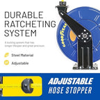 GOODYEAR Air Hose Reel Retractable 3/8" Inch x 50' Feet Long Premium Commercial SBR Hose Max 300 Psi Reinforced Steel Construction Heavy Duty Spring Driven Industrial Dual Arm & Pedestal - Image 5