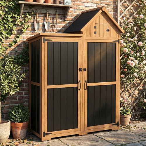 Outdoor Storage Cabinet Weatherproof with 3 Adjustable Shelves, 66'' H Wood & Metal Storage Shed with Lockable Doors & Waterproof Roof, Outside Garden Tool Sheds, Brown by MAGAZOOPET