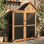 Outdoor Storage Cabinet Weatherproof with 3 Adjustable Shelves, 66'' H Wood & Metal Storage Shed with Lockable Doors & Waterproof Roof, Outside Garden Tool Sheds, Brown by MAGAZOOPET