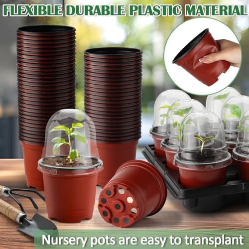 RooTrimmer 4 Inch 60 Pack Nursery Pots with Humidity Domes & 5 Pack 12 Cell Round Seedling Pot Carrying Trays, Sturdy Seeds Starter Pot Germination Set, Small Planter Nursery Propagation 5 Sets - Image 6