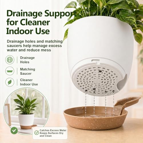 Plant Pots for Indoor 9/8/7/6.5/6/5 Inch, Self Watering Planter Pots with Drainage Holes and Saucers, 6Pcs Plastic Flower Pots for Indoor & Outdoor Plants（White） - Image 2