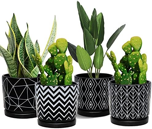 Flower Pots,5.5 Inch Black Ceramic Planters with Drainage Hole Set of 4 by TonSin