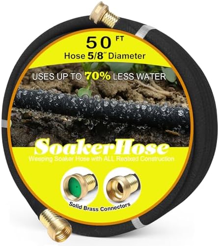 Soaker Hose 50FT 5/8" Diameter for Garden Beds Solid Brass Interface Irrigation Save 70% Water Heavy Duty Rubber Great for gardens/flower beds by HZGREEN