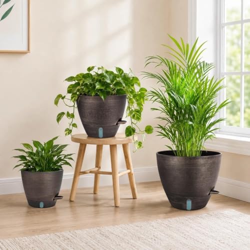 ZMTECH 12/10/8 In Self Watering Pots for Indoor/Outdoor Plants,3 Pack Bronze Large Plastic Planter with Water Level Indicator, Drainage Hole & Removable Saucer for Garden Flowers, Deco Plant Container - Image 5