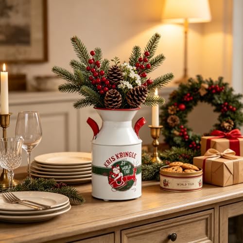 Vintage Christmas Kris Kringle Metal Milk Can Vase, Rustic Holiday Decorative Flower Jug with Red Handles, Festive Pitcher for Indoor Home Decor, Christmas Floral Arrangements by Unknown