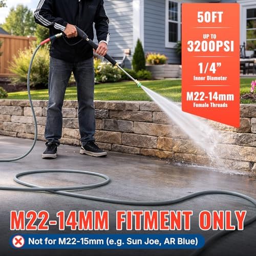 YAMATIC Flexible Pressure Washer Hose 50 FT 1/4", M22-14mm Females - Image 2