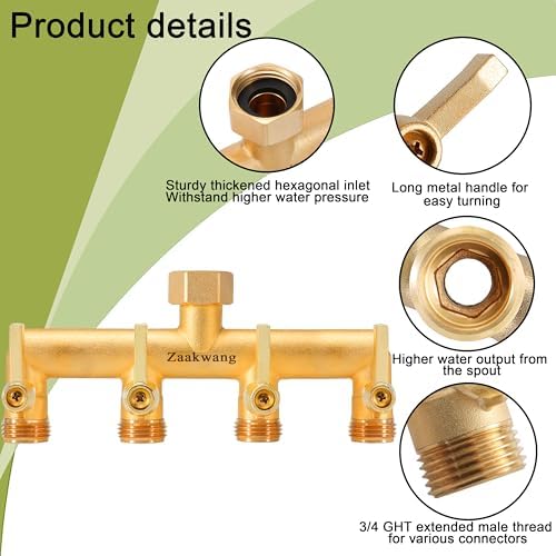 Heavy Duty 4 - Way Garden Hose Splitter, 3/4” Hose Manifold, Outdoor Hose Adapter Connector with 4 Metal Extra Long Handle Metal Faucet Adaptor - Image 3