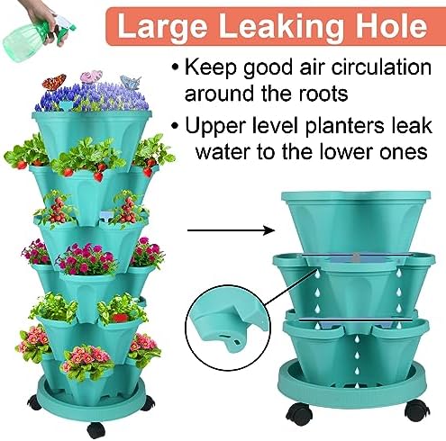 GameXcel Vertical Planter Tower - 6 Tier Stackable Garden Planters with Wheels and Garden Tool Set Plant Pots for Strawberry Herb Flower and Vegetable Indoor Outdoor Use Teal - Image 2