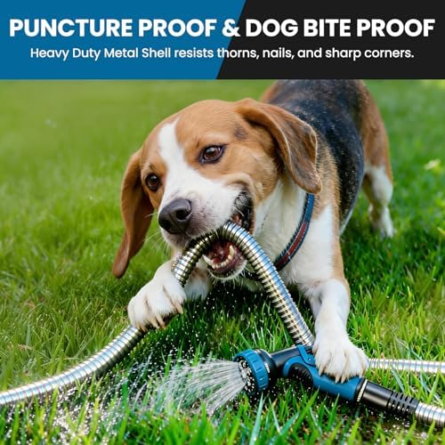 Metal Garden Hose 50FT, Stainless Steel Water Hose with 10 Function Nozzle, Solid Brass Fittings, Lightweight, Kink-Free & Dog Chew Proof for Lawn, Yard, RV, Car Wash, 550PSI - Image 2