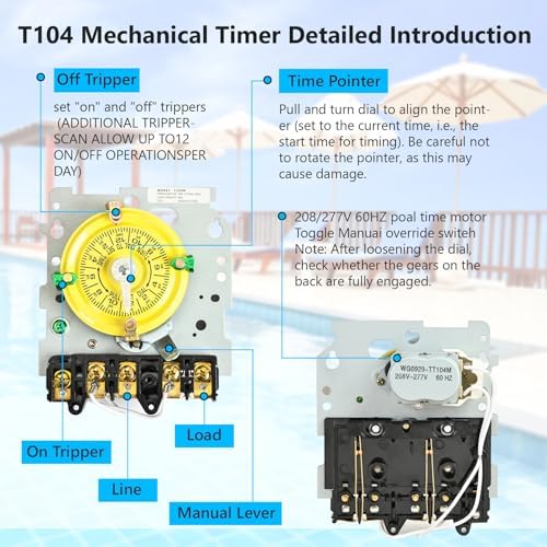 T104M Pool Timer Mechanism Only, 208-277V DPST 40A Time Switch, Pool Pump Timer, Heavy-Duty Mechanical Time Switches, 24 Hour 12 ON/Off for Pool Pump,Time Switch Mechanism Only, 6 Years Warranty - Image 3
