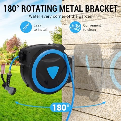Retractable Garden Hose Reel, 1/2 Inch x 100 Ft Water Hose Reel Wall Mounted, Any Length Lock, Slow Auto-Rewind, 9 Function Spray Nozzle & 180° Swivel Bracket, Garden Watering, Hose Storage - Image 4