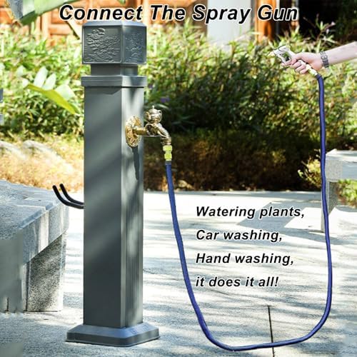 Outdoor Water Column with Faucet, Aluminum AlloyOutdoor Faucet Post, with Spray Gun and Hose, Dual Inlet Design for Backyard, Patio Irrigation - Image 5