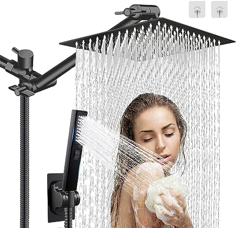 12" High Pressure Square Rain Shower Head and 2-in-1 Hand Shower, Rainfall Showerhead with 13" Shower Arm, Equipped with 78" Hose, Adhesive Shower Head Holder (Square Shower Head Set Black) by AWAXFOLO