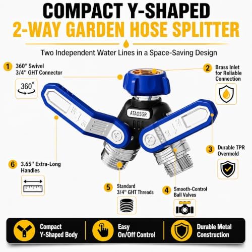 Garden Hose Splitter 2 Way, All-Metal Heavy Duty Water Spigot Splitter,with 3.68" Extra Long Handles, with Dual Shut-Off Valves, High Flow 3/4" GHT Outdoor Faucet Adapter,Blue - Image 2