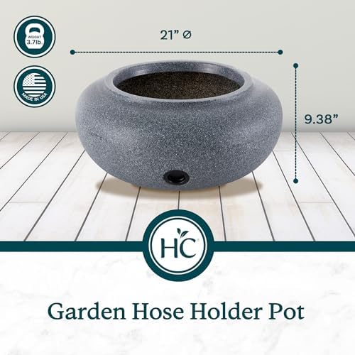 HC Companies Versatile 21 Inch Round Natural Decorative Plastic Outdoor Garden Hose Storage Pot with Side Hole for Faucet Connection, Granite - Image 4