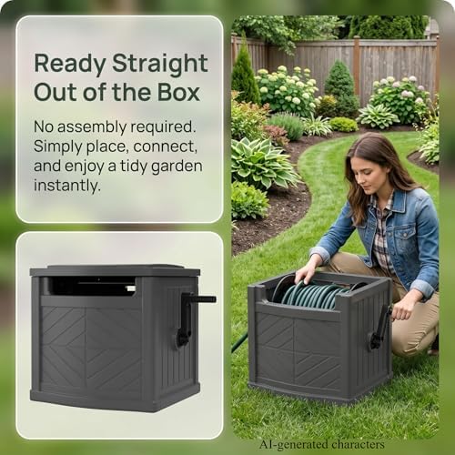 Garden Hose Reel Hideaway Storage Box，Resin Outdoor Container，Outdoor Garden Hose Reel Storage，Garden Hose Holder & Hose Reel for 150FT 5/8 Inch Water Line，No Assembly Required - Image 2