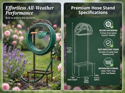 Garden Hose Holder Stand with Storage Basket, Heavy Duty Freestanding Water Hose Hanger Storage Rack with 4 Ground Spikes, Detachable Metal Hose Organizer for Outside Yard, Lawn, Farm, Bronze - Image 3