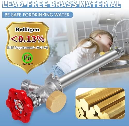 Boltigen 10inch Anti-Siphon Frost Free Sillcock, No Lead Brass Frost Proof Outdoor Water Faucet, 1/2" Push-to-Fit Connector X 3/4'' GHT Hose Bib Frost Free Outdoor - Image 2