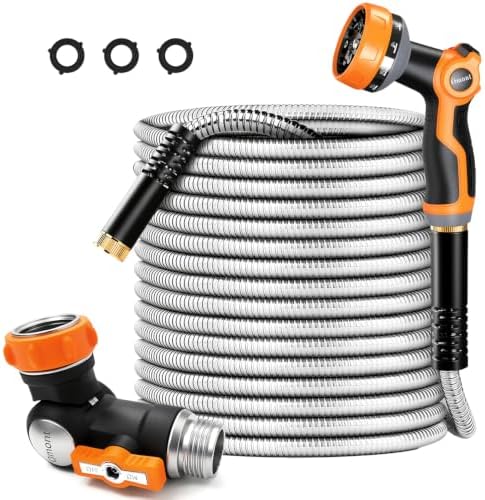 Metal Garden Hose 50FT with Swivel Connector, Heavy Duty 304 Stainless Steel Water Hoses with Nozzle, Flexible Garden Hose 50FT by Omont
