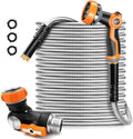 Metal Garden Hose 100FT with Nozzle Universal Adapter, 360° Swivel Connector Water Hose Stainless Steel Water Hose with Nozzle by Omont