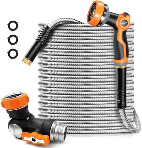 Metal Garden Hose 100FT with Nozzle Universal Adapter, 360° Swivel Connector Water Hose Stainless Steel Water Hose with Nozzle by Omont