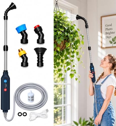Electric Plant Waterer, High Reach Telescopic Watering Wand with 3 Speeds, 4 Spray Nozzles, 2400mAh Rechargeable Battery, Battery Powered Sprayer Wand for Indoor Outdoor Plants by Unknown