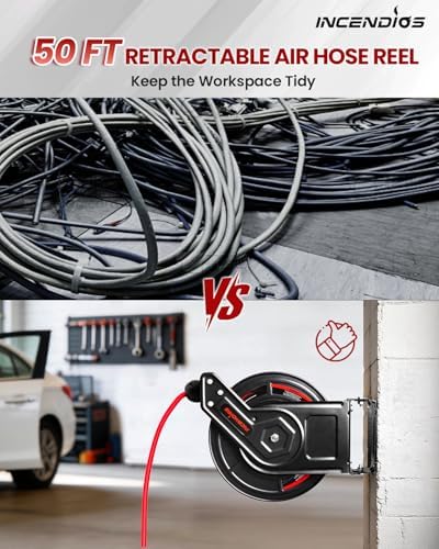 Retractable Air Hose Reel - 1/4" x 50 FT Hybrid Polymer Air Compressor Hose Reel, Heavy Duty Industrial Steel Single Arm with 6.56 FT Lead-in, Max 300 PSI, 180° Swivel Wall/Ceiling Mount - Image 3