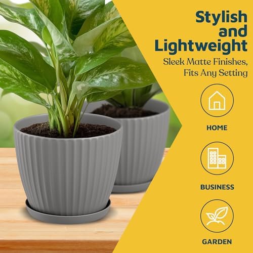 Gray 6-Inch Plant Pots with Drainage & Saucers 24 Pack, Indoor & Outdoor Planters for Houseplants, Herbs, and Flowers, Durable & Weatherproof Material, Stackable, Lightweight, Minimalist Design - Image 3