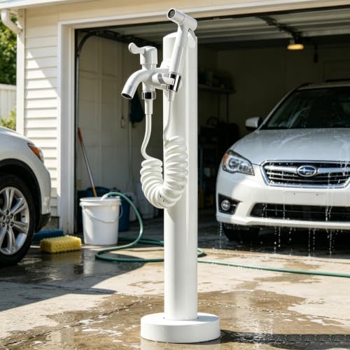 Outdoor Stainless Steel Garden Water Column, Freestanding Hose Stand with Double Faucet and Spray Gun, White Yard Hydrant for Gas Station, Car Washing(A,Height: 95cm/37.4in) by Lonmrrton