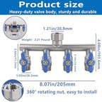304 Stainless Steel Garden Hose Splitter 4 Way Heavy Duty, Full Flow T Valve Water Hose Splitter With 2.1" Extra Long Handle, Lead-free，3/4" GHT Thread Connector For Outdoor Spigot Faucet - Image 2