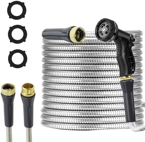 Stainless Steel Garden Hose 50ft Heavy Duty Metal Water Hoses with 10 Function Water Hose Nozzles for Yard Outdoor by Unknown