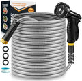 100ft Garden Hose, Heavy Duty Metal Water Hose 100 ft with 10 Function Nozzle, Flexible No-Kink, Pet-Proof & Puncture-Proof Stainless Steel Outdoor Hose for Yard by Crixny