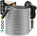 100ft Garden Hose, Heavy Duty Metal Water Hose 100 ft with 10 Function Nozzle, Flexible No-Kink, Pet-Proof & Puncture-Proof Stainless Steel Outdoor Hose for Yard by Crixny
