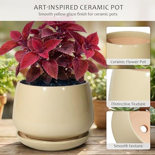 7.5 Inch Ceramic Planter with Saucer,Modern Garden Pots with Drainage Hole Mesh Net, for Indoor Outdoor Use(Pink Yellow) - Image 3