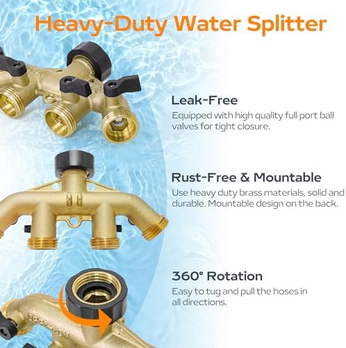 Hose Splitter 4 Way, Diivoo Heavy Duty Brass Hose Y Connector, High Flow Spigot Splitter, Easy Grip Faucet Adapter, Solid Spigot Shut Off Valve for Outdoor Gardening, 3/4" Standard - Image 3