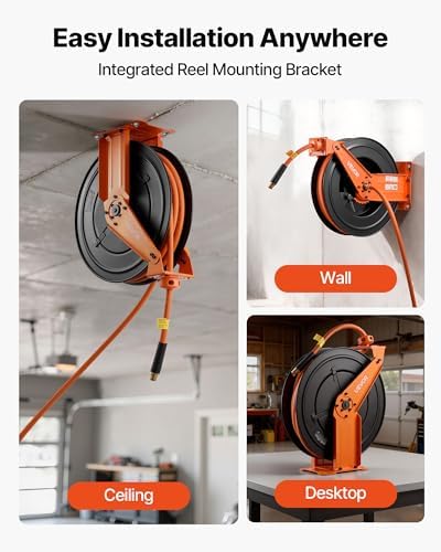 VEVOR Retractable Air Hose Reel, 1/2 Inch x 50 FT Rubber Air Hose Max 300PSI, Auto Rewind Air-Compressor Hoses Reel with 5 ft Lead in, Ceiling/Wall Mount Heavy Duty Steel Double Arm - Image 4