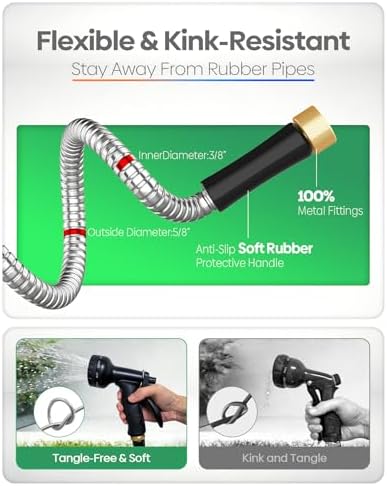 BlueGarden Metal Garden Hose 50ft with 10 Function Nozzle,No Kinking,Flexible,Heavy Duty & Lightweight Water Pipe,Stainless Steel Outdoor Water Hose for Yard and Lawn, 50 feet - Image 4