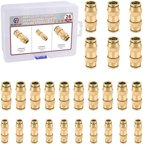 26PCS 1/4" 3/8" 1/2" Brass Dot Air Line Fittings Kit, Straight Union by BOERAY