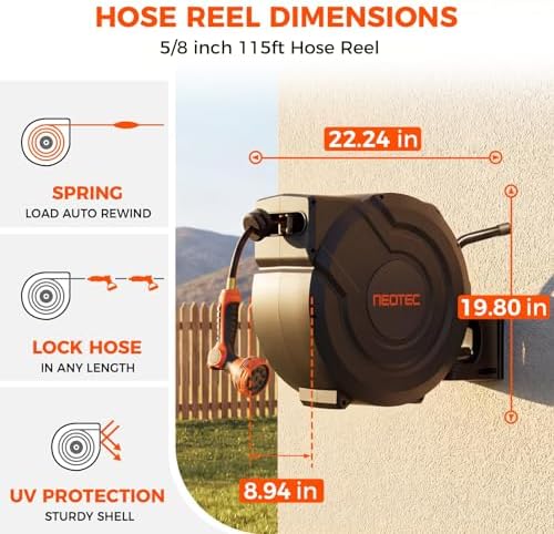 NEO-TEC 115 ft x 5/8 inch Retractable Garden Hose Reel Any Length Lock 9 Sprayer Nozzle Automatic Slow Return Heavy Duty 180° Swivel Wall-Mounted Hose Reels for Outside UV Resistant - Image 2