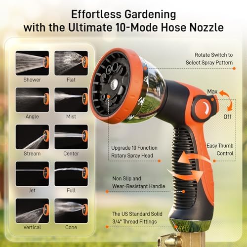 Garden Hose, 50ft 5/8" Stainless Steel Water Hose w/ 10-Mode Spray Nozzle, On/Off Valve, 523 PSI Burst, Anti-Kink, Lightweight All-Weather Flexible, Leakproof 3/4" Brass Male to Female Fittings - Image 2