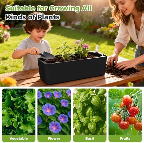 2 Pack Rectangular Self Watering Planter 15.6 x 5.4 in Window Sill Planters Indoor Rectangle Planter Self Watering Pots Plastic Plant pots with Drainage Holes Black Flower Pot (Black) - Image 6